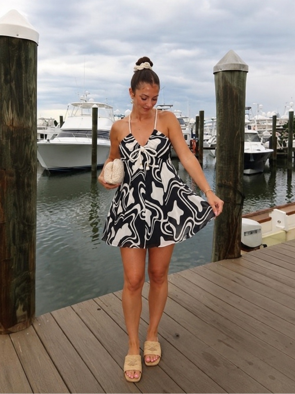 Milly of New York navy and White Swirl Midi Halter Dress